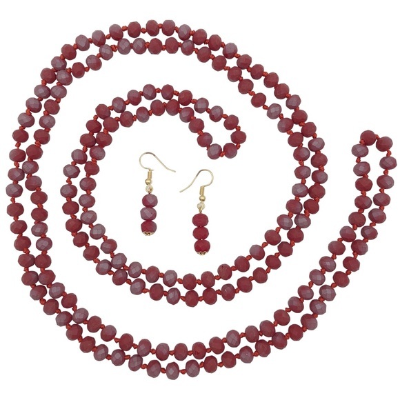Super Long Red Glass Beaded Necklace Earrings Set - Picture 1 of 7